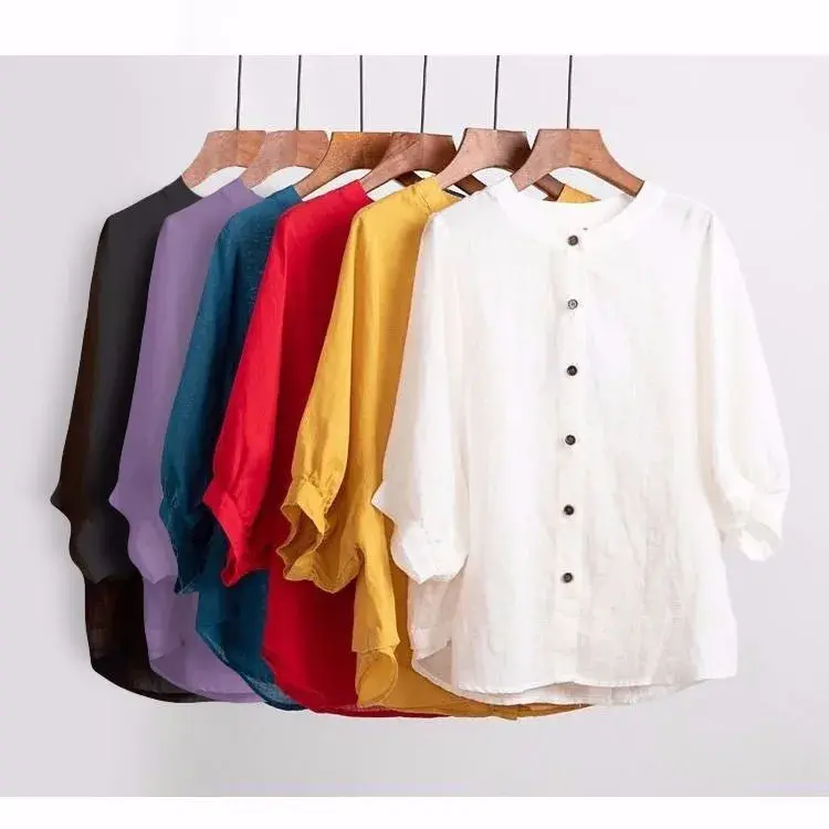 Summer Cotton Linen Shirt Women's Vintage Artistic Lantern Sleeve Loose Fit Slimming Mid Sleeve Plus Size Shirt Women's
