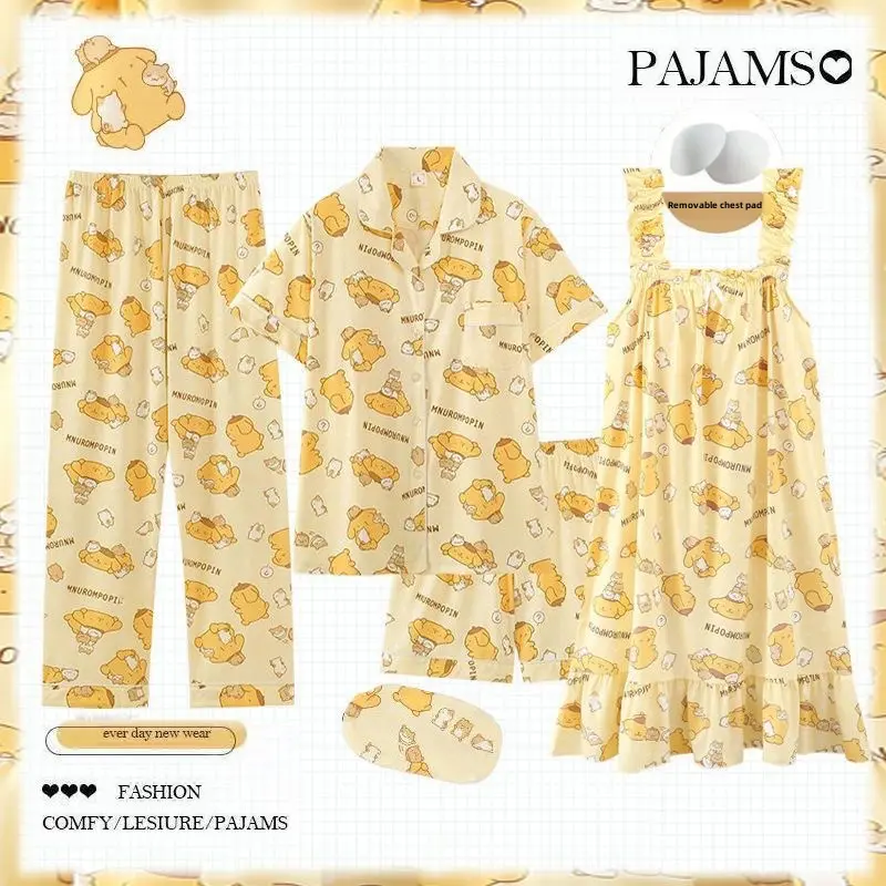 High-end Feel Women's Pajama Set Four-piece Spring Autumn Chest Pad Plus Sizes Shorts Cartoon Outerwear Home Clothes Suite