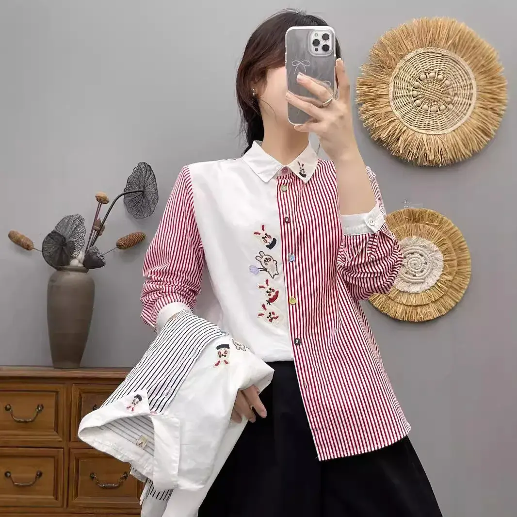 Fresh Cotton Cartoon Rabbit Embroidery Striped Color Block Loose-Fit Long Sleeve Base Shirt Women's Button-Up Top
