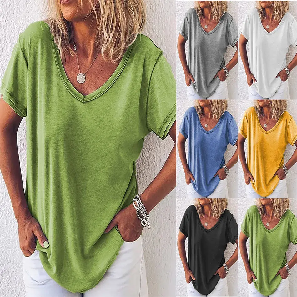 Women's Short Sleeve Casual T-Shirt V-Neck Solid Color Polyester Fiber Decoration Independent Station Europe And America Cross-B