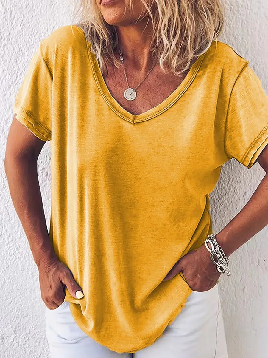 Women's Short Sleeve Casual T-Shirt V-Neck Solid Color Polyester Fiber Decoration Independent Station Europe And America Cross-B