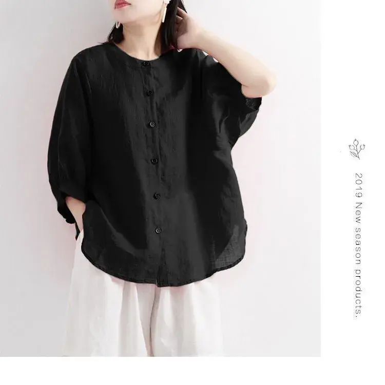 Summer Cotton Linen Shirt Women's Vintage Artistic Lantern Sleeve Loose Fit Slimming Mid Sleeve Plus Size Shirt Women's