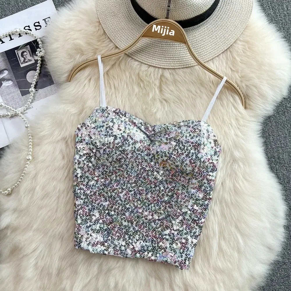 Pure Desire Aesthetic Sexy Nightclub Glittering Sequins Cropped Tank Vest Women's Outerwear Stylish Sleeveless Top