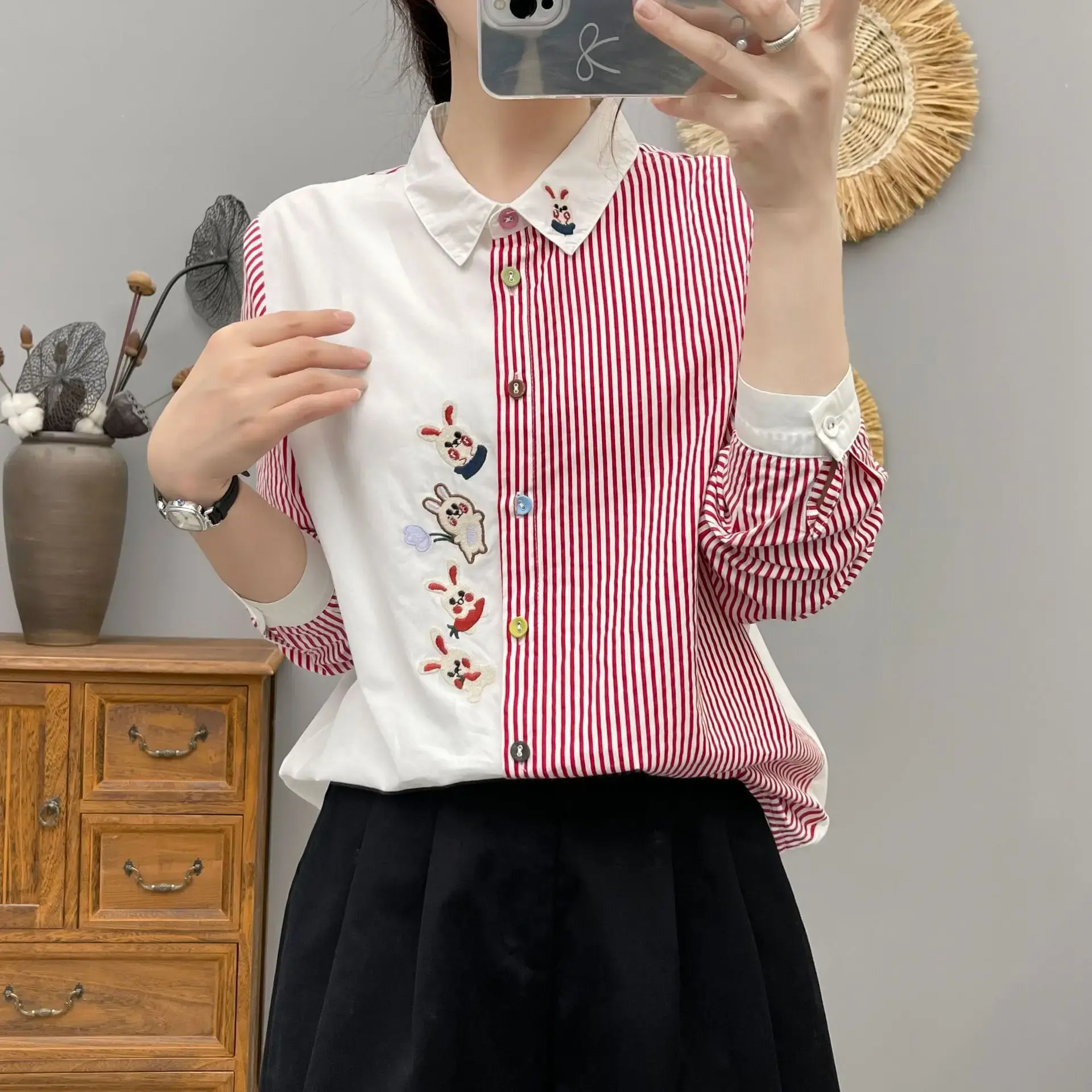 Fresh Cotton Cartoon Rabbit Embroidery Striped Color Block Loose-Fit Long Sleeve Base Shirt Women's Button-Up Top