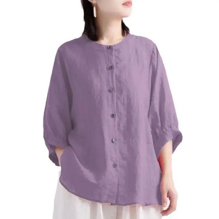 Summer Cotton Linen Shirt Women's Vintage Artistic Lantern Sleeve Loose Fit Slimming Mid Sleeve Plus Size Shirt Women's