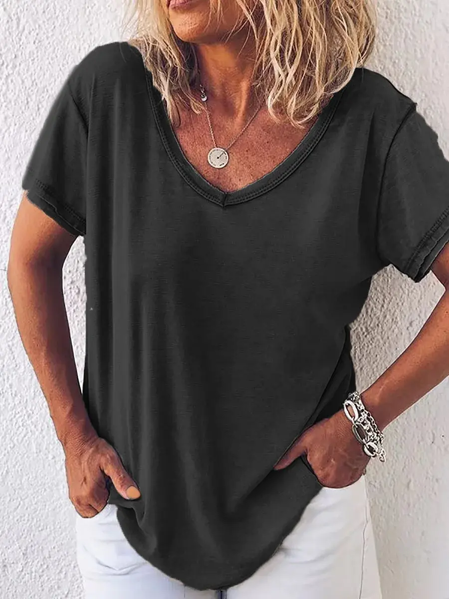 Women's Short Sleeve Casual T-Shirt V-Neck Solid Color Polyester Fiber Decoration Independent Station Europe And America Cross-B