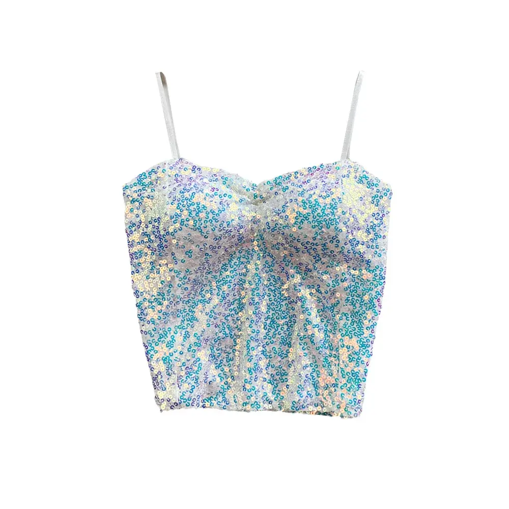 Pure Desire Aesthetic Sexy Nightclub Glittering Sequins Cropped Tank Vest Women's Outerwear Stylish Sleeveless Top