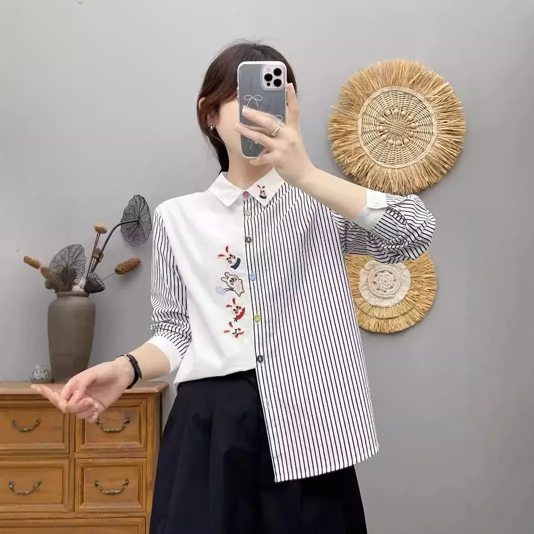 Fresh Cotton Cartoon Rabbit Embroidery Striped Color Block Loose-Fit Long Sleeve Base Shirt Women's Button-Up Top