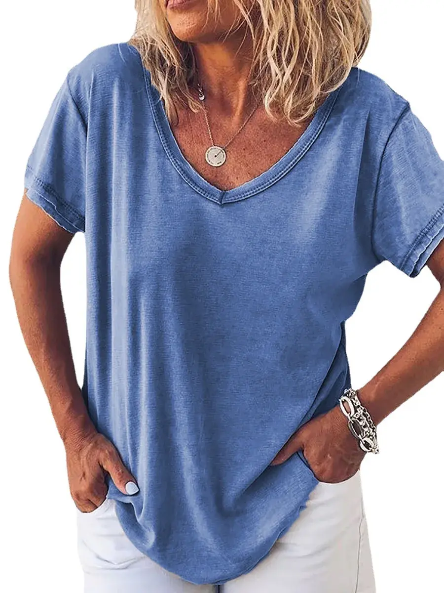 Women's Short Sleeve Casual T-Shirt V-Neck Solid Color Polyester Fiber Decoration Independent Station Europe And America Cross-B