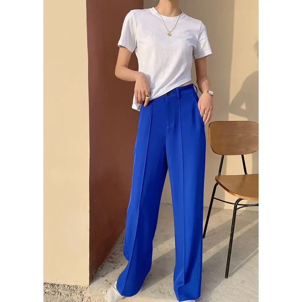 High Waist Wide Leg Pants Women's Loose Fit Klein Blue Autumn Winter Straight Cut Trousers Elegant Drapey Pants New 2025