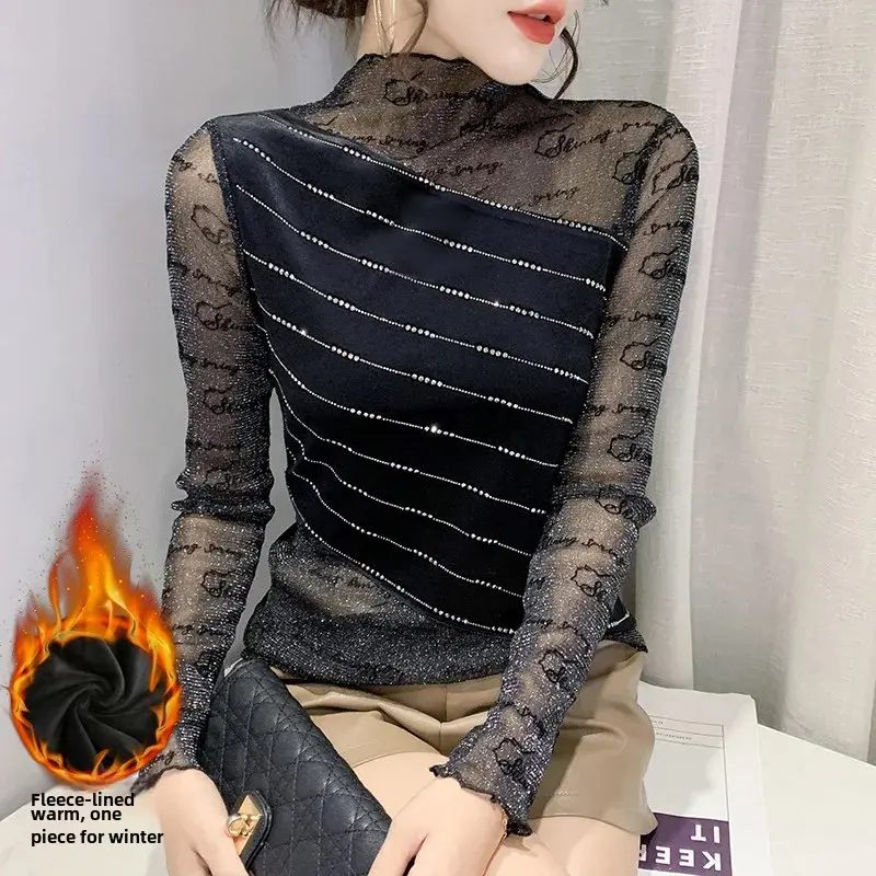 Autumn New Fashionable Spliced Fleece-Lined Long Sleeve T-Shirt Women's Hong Kong Style Rhinestone Sexy Slimming Base Top