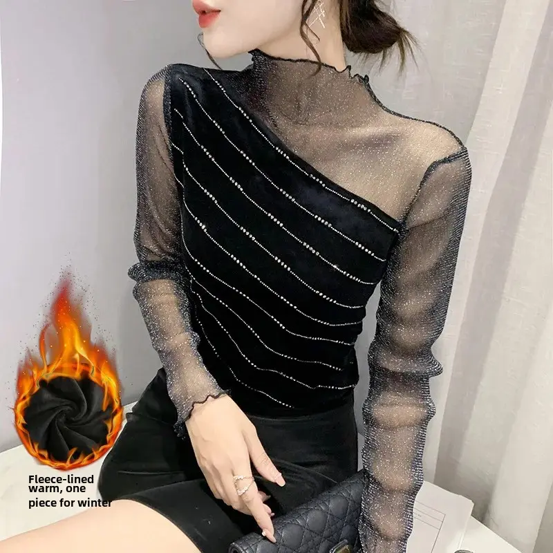 Autumn New Fashionable Spliced Fleece-Lined Long Sleeve T-Shirt Women's Hong Kong Style Rhinestone Sexy Slimming Base Top