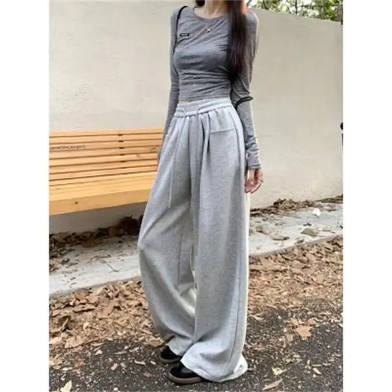 Elegant Drapey Lazy Style Casual Pants Women's High Waist Wide Leg Floor Length Loose Fit Straight Long Trousers Spring Autumn N