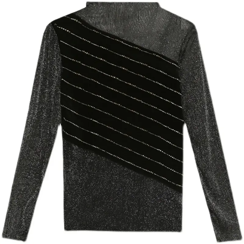 Autumn New Fashionable Spliced Fleece-Lined Long Sleeve T-Shirt Women's Hong Kong Style Rhinestone Sexy Slimming Base Top