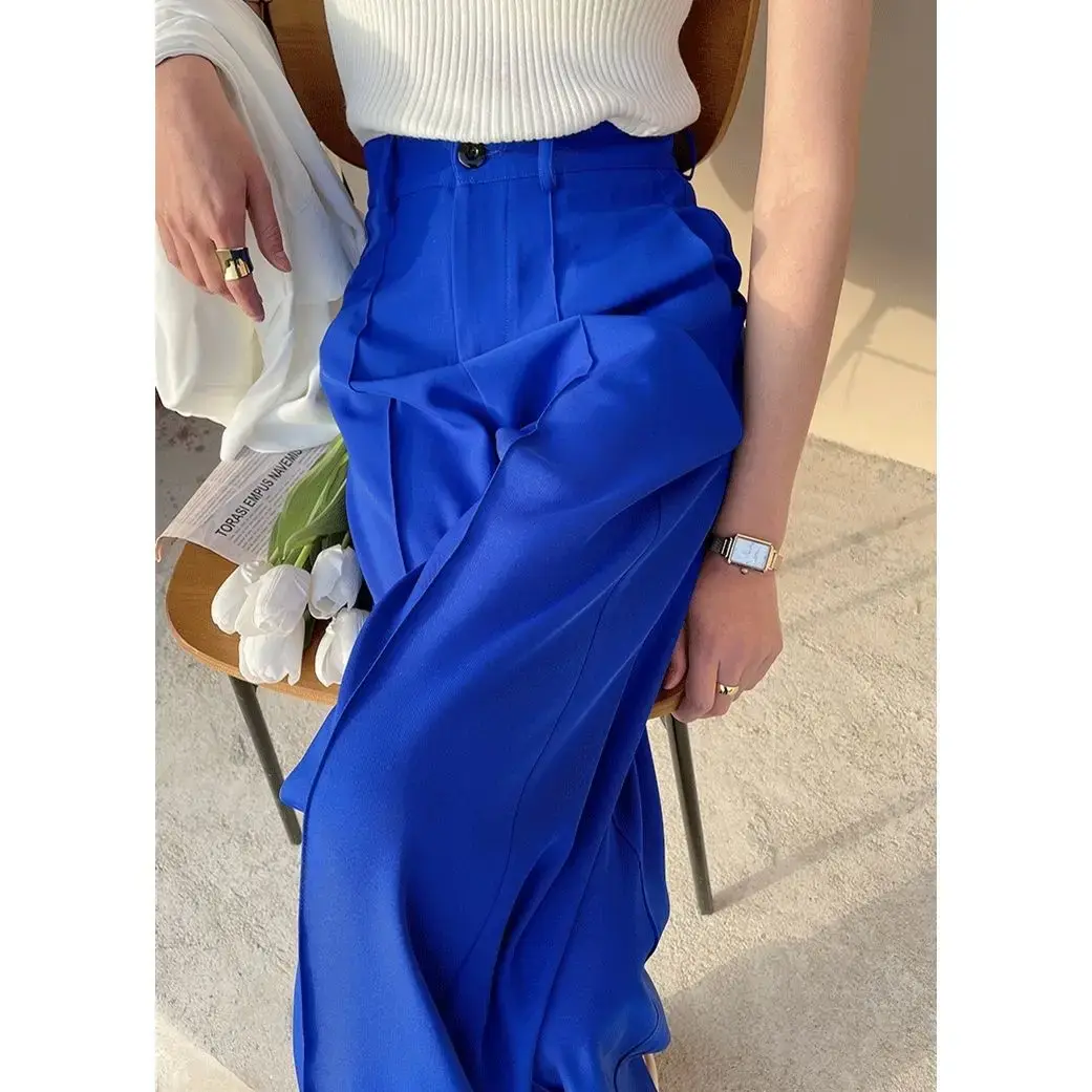 High Waist Wide Leg Pants Women's Loose Fit Klein Blue Autumn Winter Straight Cut Trousers Elegant Drapey Pants New 2025