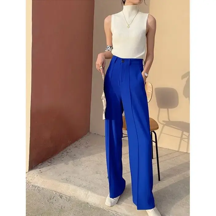 High Waist Wide Leg Pants Women's Loose Fit Klein Blue Autumn Winter Straight Cut Trousers Elegant Drapey Pants New 2025