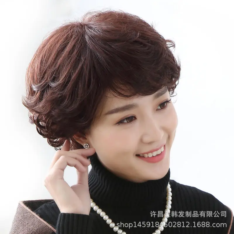 Natural Short Hair Wig for Mom Women's Side Bangs Real Human Hair Full Head Cover Style Fluffy for Middle-Aged And Elderly round