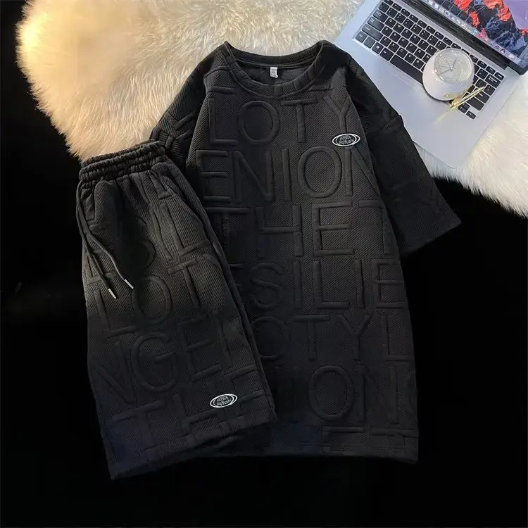 Casual Sports Suit For Men Women Preppy Plaid Short Sleeve Tops Loose Fit Letter Print Shorts Two-piece Summer Set