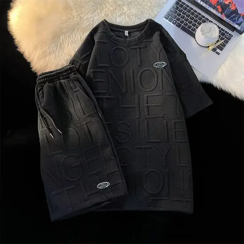 Casual Sports Suit For Men Women Preppy Plaid Short Sleeve Tops Loose Fit Letter Print Shorts Two-piece Summer Set