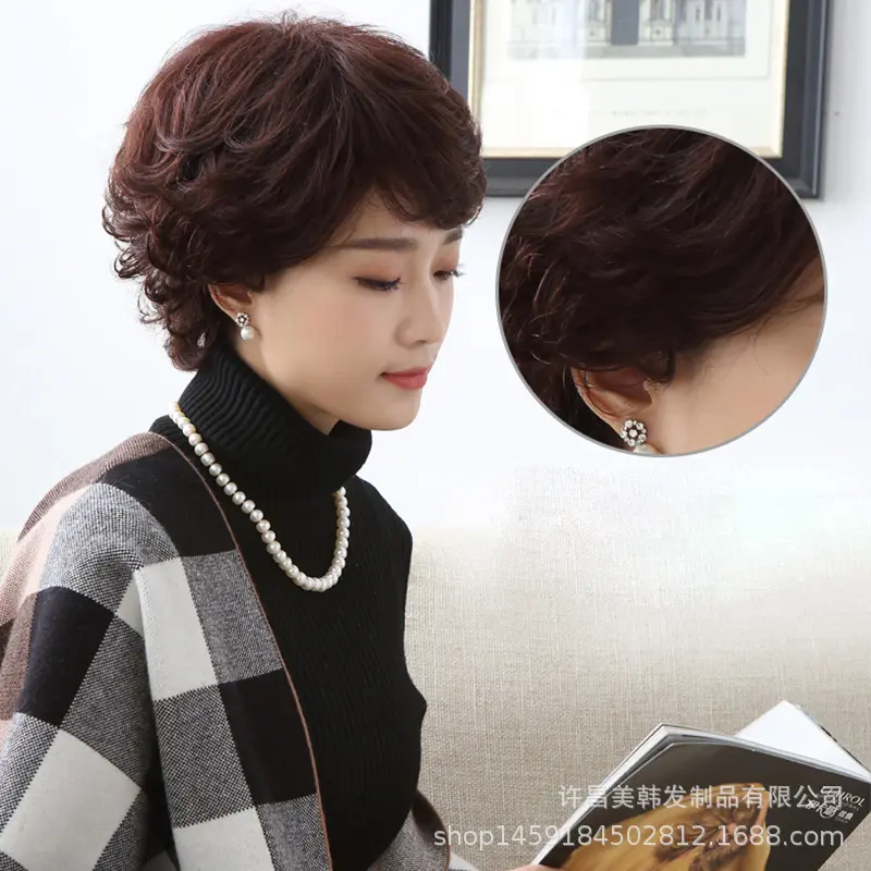 Natural Short Hair Wig for Mom Women's Side Bangs Real Human Hair Full Head Cover Style Fluffy for Middle-Aged And Elderly round