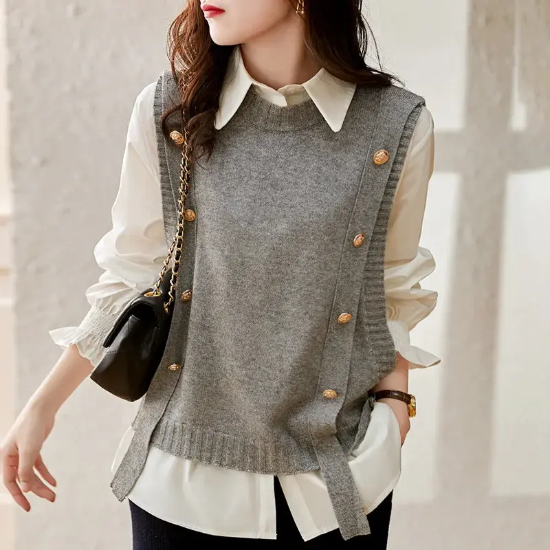 2556#knitVest Women's Spring Autumn 2024 New Outerwear Stylish Sleeveless Shoulder Vest Sweater Scarf Jacket