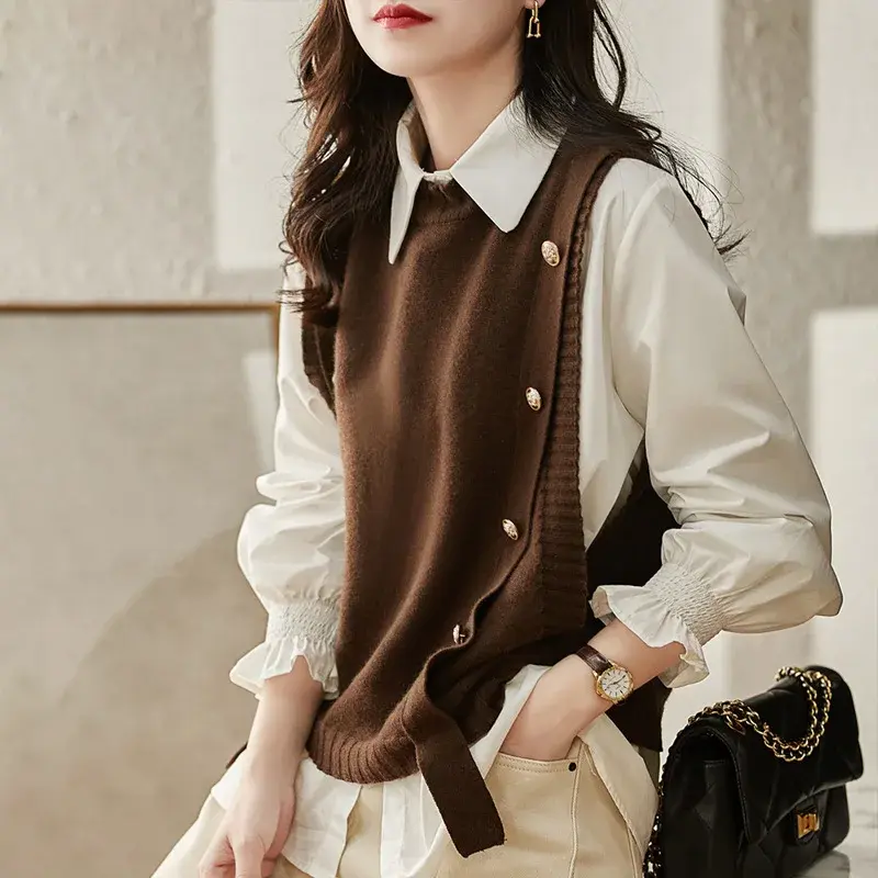 2556#knitVest Women's Spring Autumn 2024 New Outerwear Stylish Sleeveless Shoulder Vest Sweater Scarf Jacket