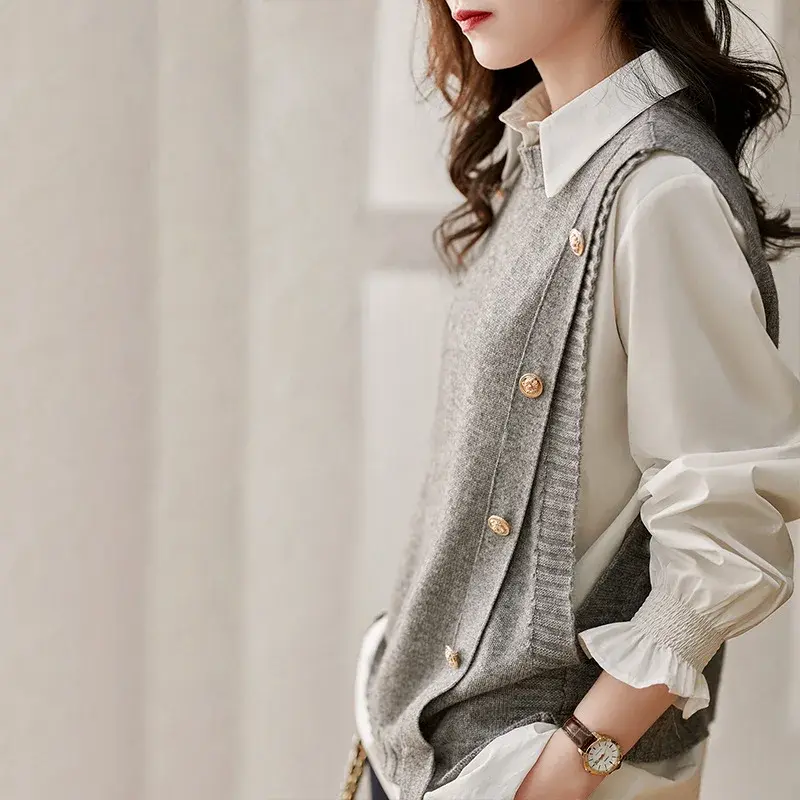2556#knitVest Women's Spring Autumn 2024 New Outerwear Stylish Sleeveless Shoulder Vest Sweater Scarf Jacket