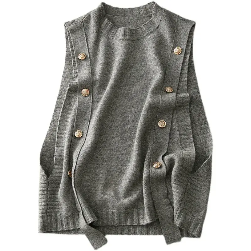 2556#knitVest Women's Spring Autumn 2024 New Outerwear Stylish Sleeveless Shoulder Vest Sweater Scarf Jacket