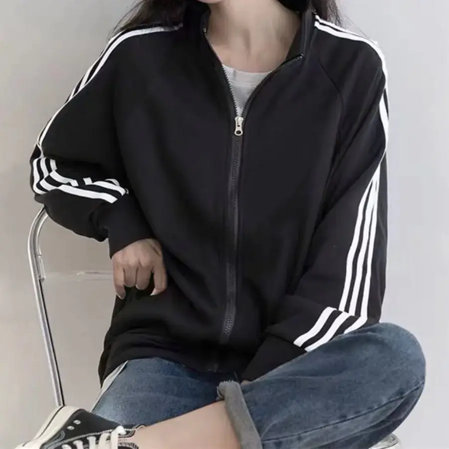 Spring Summer New Style Three Stripe Baseball Jacket Women's Thin Outerwear Loose Black Korean Version Student Fashion