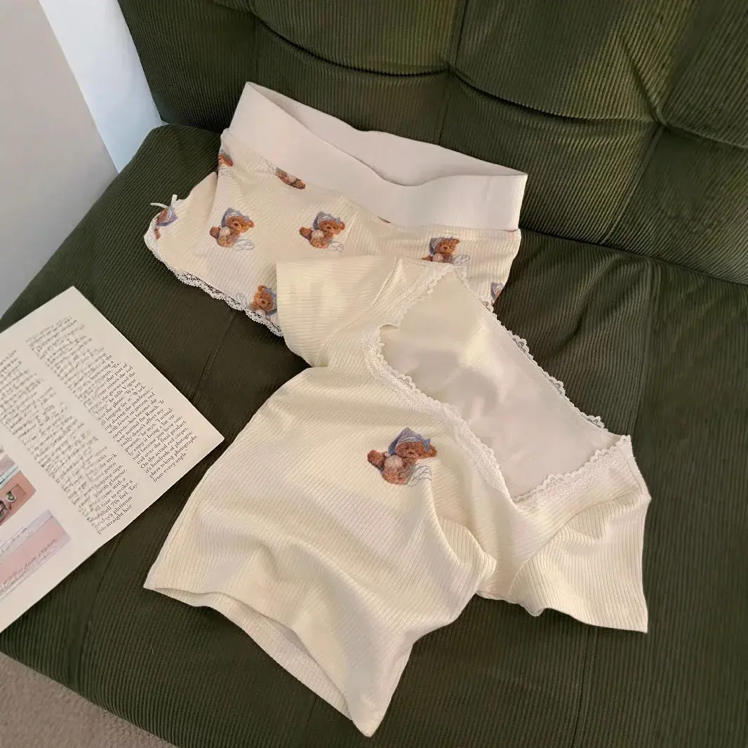 Cute Cartoon Lace Trim Short Pants Women's Home Outwear Hot Pants Summer 2025 Small Size Comfortable Breathable Polyester