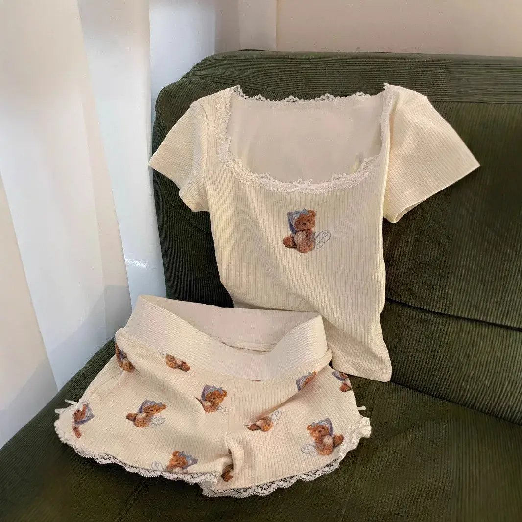 Cute Cartoon Lace Trim Short Pants Women's Home Outwear Hot Pants Summer 2025 Small Size Comfortable Breathable Polyester