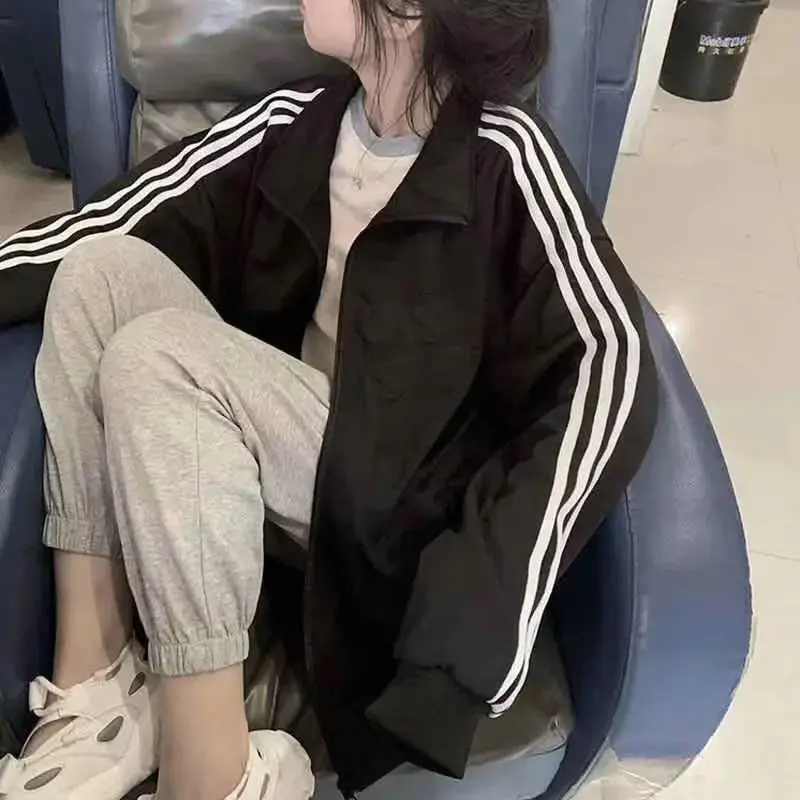 Spring Summer New Style Three Stripe Baseball Jacket Women's Thin Outerwear Loose Black Korean Version Student Fashion
