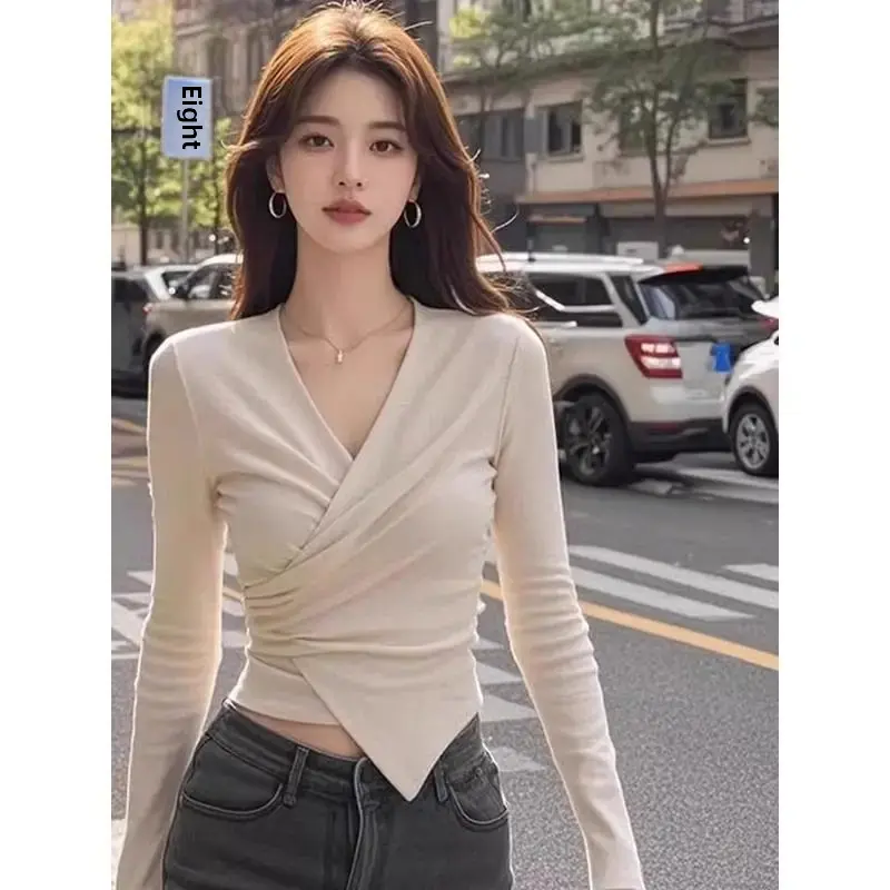 French Elegant Cross V-neck Long Sleeve Women's T-shirt Spring Autumn New Style High-grade Short Slim Fit Top