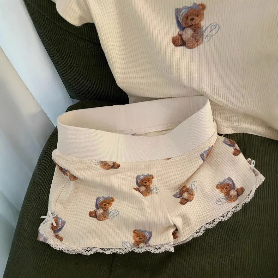 Cute Cartoon Lace Trim Short Pants Women's Home Outwear Hot Pants Summer 2025 Small Size Comfortable Breathable Polyester