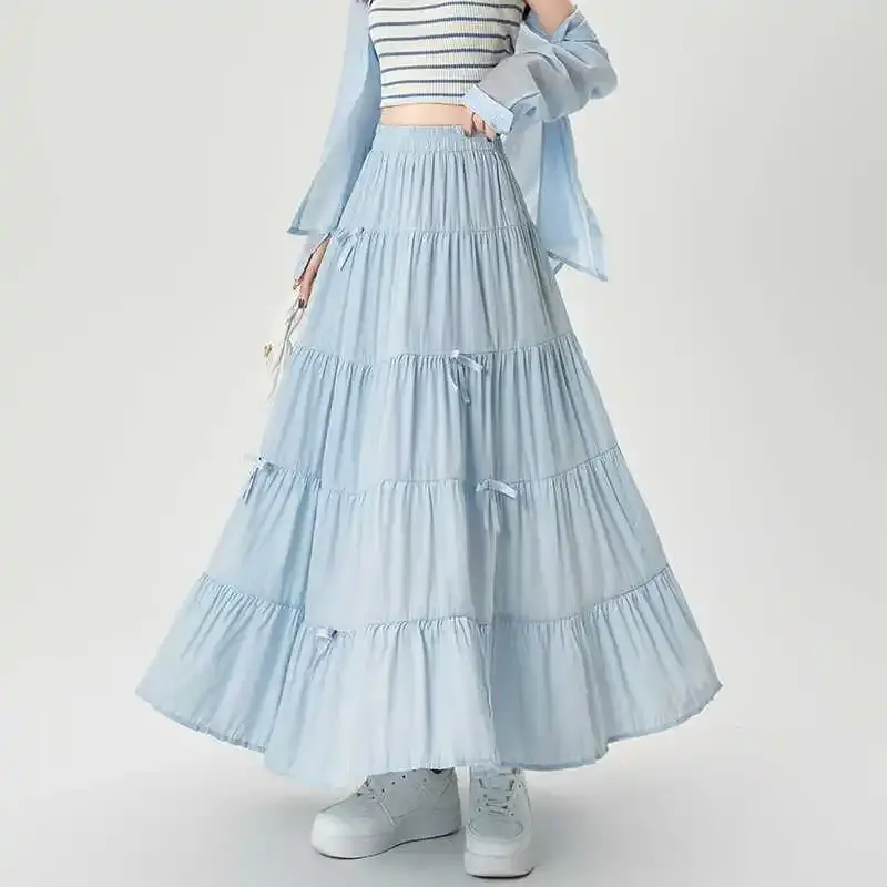 Sweet Bowknot High Waist Midi Skirt Women's Spring Summer A- Line Umbrella Skirt Elegant Draping Charming Female Fashion
