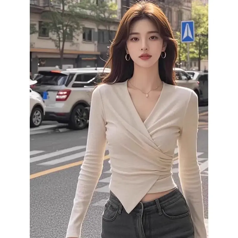 French Elegant Cross V-neck Long Sleeve Women's T-shirt Spring Autumn New Style High-grade Short Slim Fit Top
