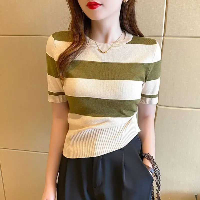 2024 Summer New Korean Version Sleeve Knitted Top Women's Inner Slimming Smooth Silhouette Striped T-shir Cropped Base Layer Top