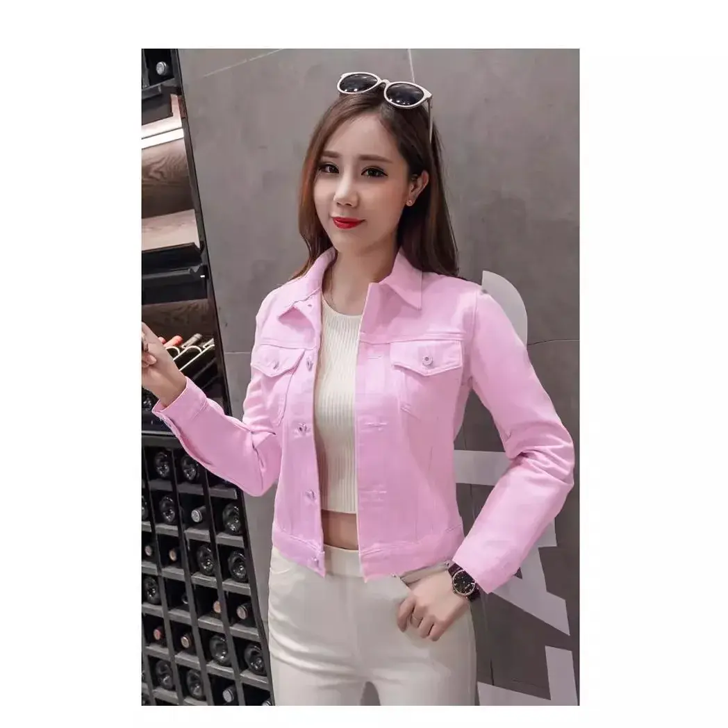 Spring Autumn Candy Colored Denim Jacket Women's Slim Fit Long Sleeve Short Outerwear Stylish College Style Jeans Coat