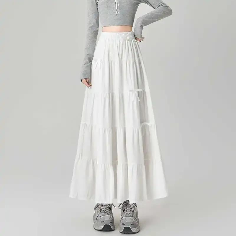 Sweet Bowknot High Waist Midi Skirt Women's Spring Summer A- Line Umbrella Skirt Elegant Draping Charming Female Fashion