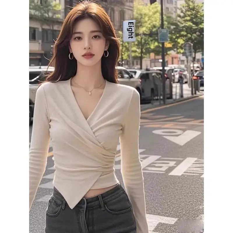French Elegant Cross V-neck Long Sleeve Women's T-shirt Spring Autumn New Style High-grade Short Slim Fit Top