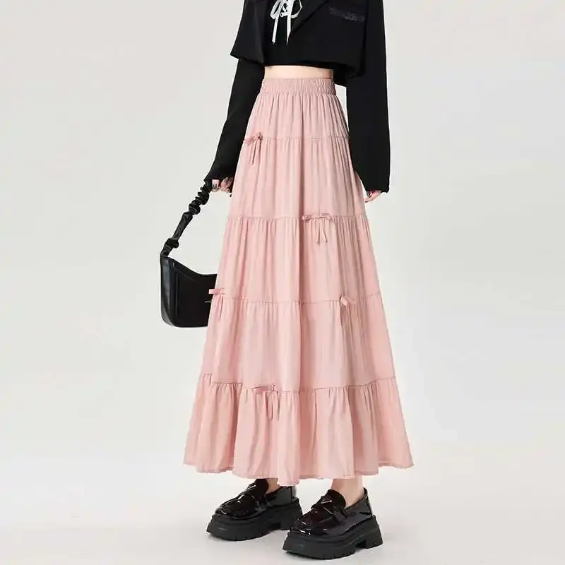 Sweet Bowknot High Waist Midi Skirt Women's Spring Summer A- Line Umbrella Skirt Elegant Draping Charming Female Fashion