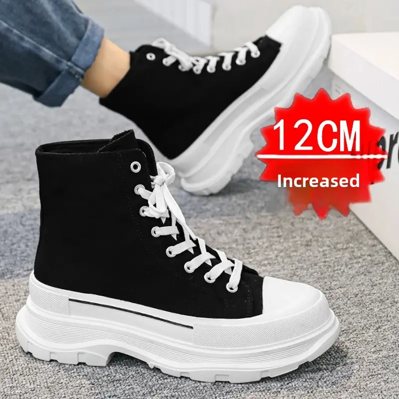 Invisible Height Increasing Shoes For Men 12cm 10cm New 2023 Canva Casual Sneakers Thick Bottom High Top Old Dad Shoes Breathabl