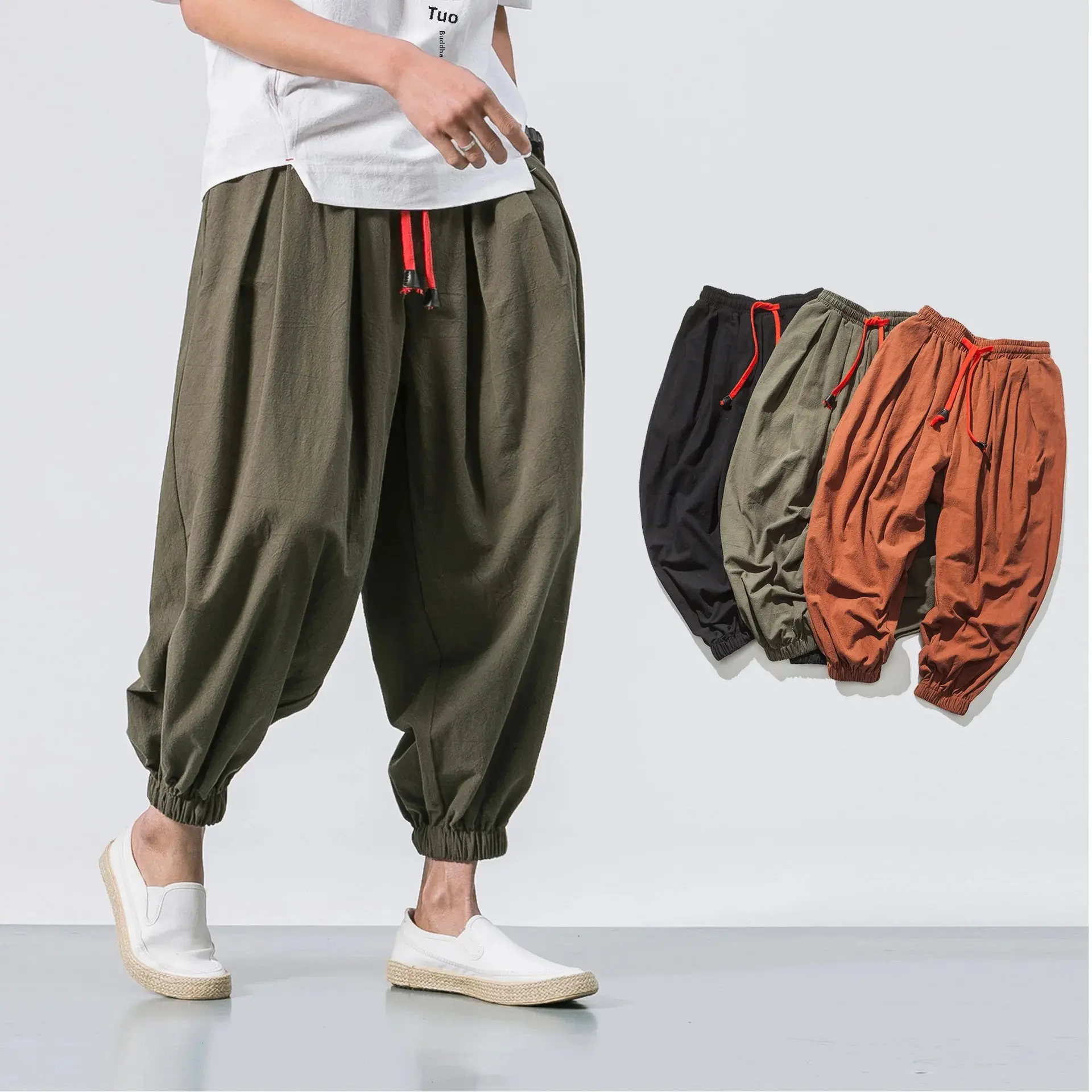 Loose Harlan Cotton Linen Pants Men's Fashionable Casual Loose Fit Long Trousers Comfortable Breathable Summer New Arrival