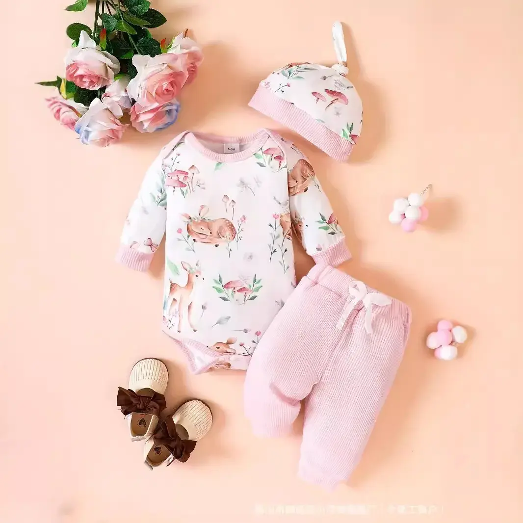 CuteBaby Animal Printing Hoodie+Walf Checkered Trousers+Printing Cap Three-Piece Set Children's Clothing for All Seasons