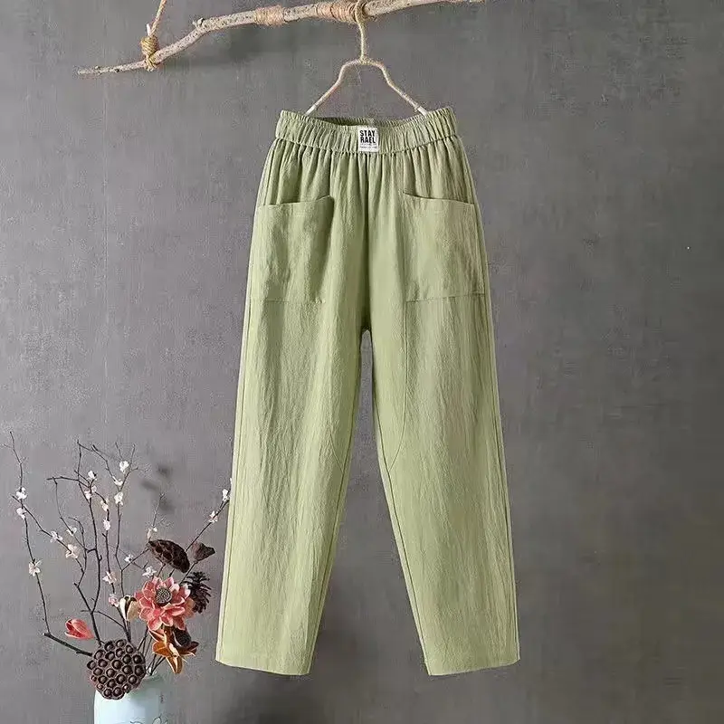 New Cotton Linen Casual Pants Women Summer Loose Slim Straight Nine Points Harlan Trendy Trousers Comfortable Loose Fit