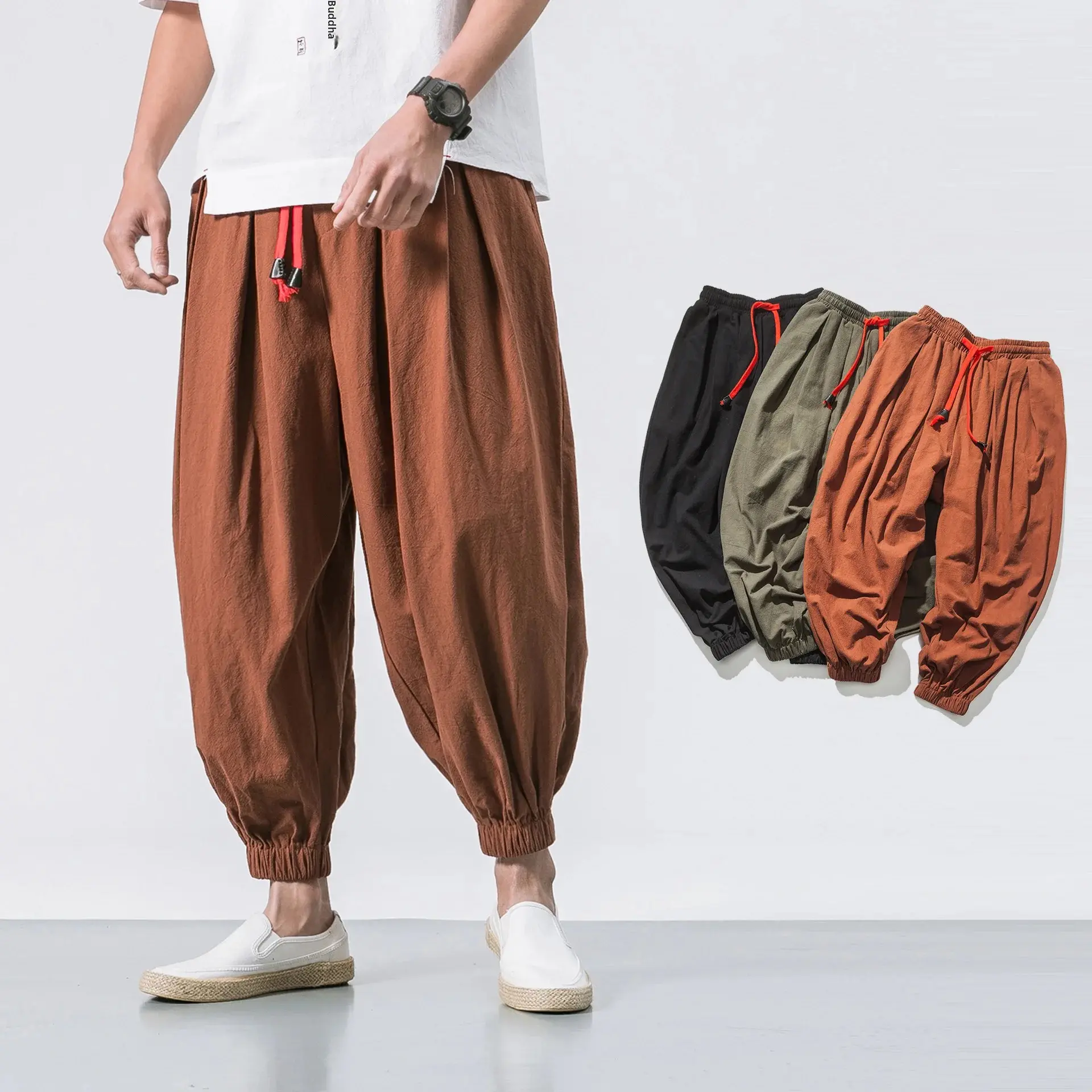 Loose Harlan Cotton Linen Pants Men's Fashionable Casual Loose Fit Long Trousers Comfortable Breathable Summer New Arrival