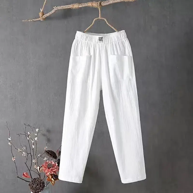 New Cotton Linen Casual Pants Women Summer Loose Slim Straight Nine Points Harlan Trendy Trousers Comfortable Loose Fit
