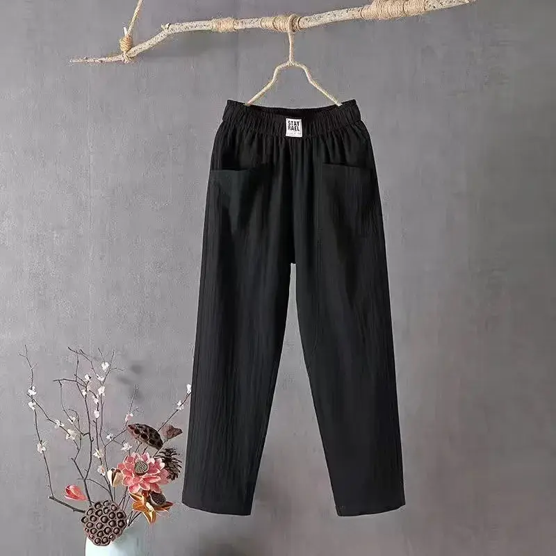 New Cotton Linen Casual Pants Women Summer Loose Slim Straight Nine Points Harlan Trendy Trousers Comfortable Loose Fit