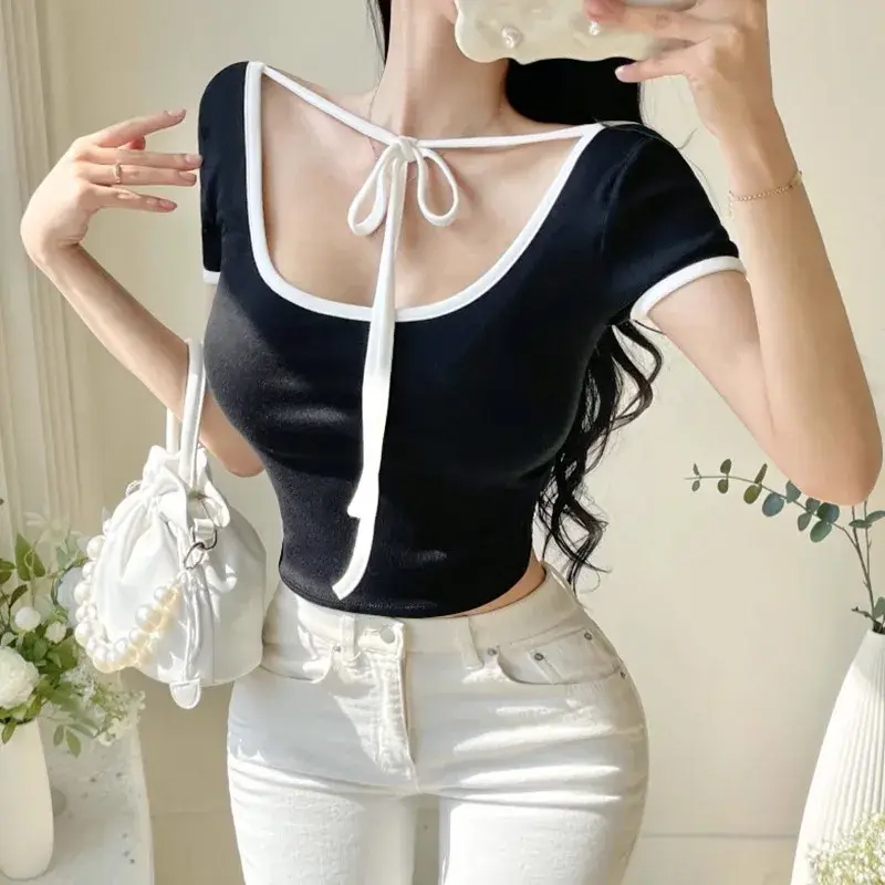 Korean Dongdaemun Summer 2025 Women's Slim Fit Short Knitted round Neck T-Shirt Color Block Casual Tie Dye Top Tee