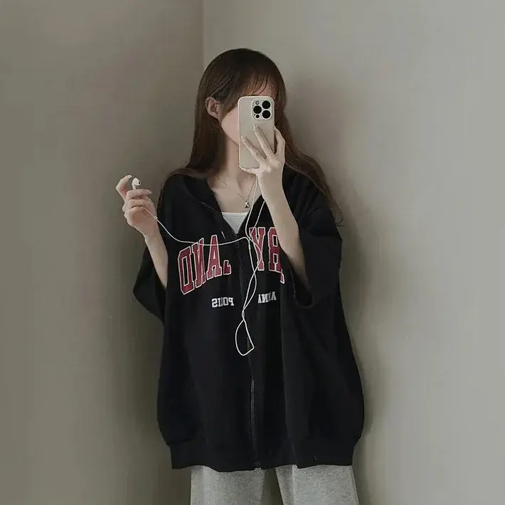 Women's Short Sleeve Hoodie Spring Summer Sporty Loose Zipper Open Cardigan Design Sense Top Korean Style Half Sleeve Sweatshirt